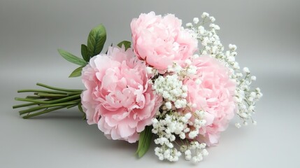Bouquet of pink peonies and white baby breath flowers on gray background with copy space
