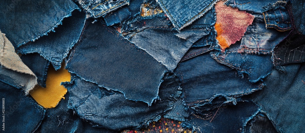 Poster close-up of various denim fabric patches with frayed edges in a textured pattern