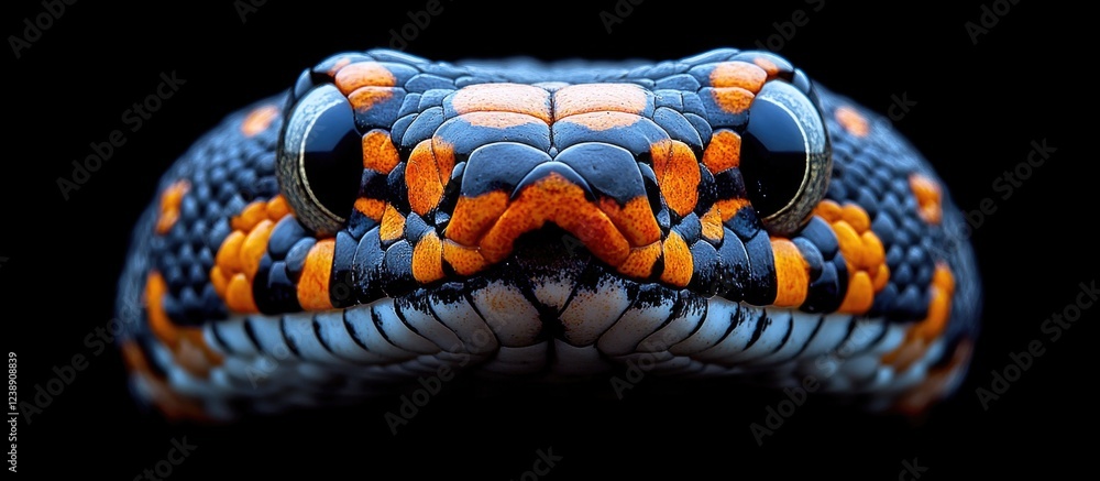Poster close-up of colorful snake head with intricate scale patterns on black background