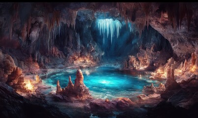 Enchanted Cave Pool: A subterranean oasis of serenity and mystery, where glowing formations meet a crystal-clear pool. A digital painting of a magical cave landscape.