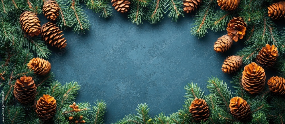 Poster pine cones and fir tree branches border on dark background with copy space