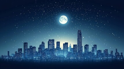 Night City Skyline Under Full Moon