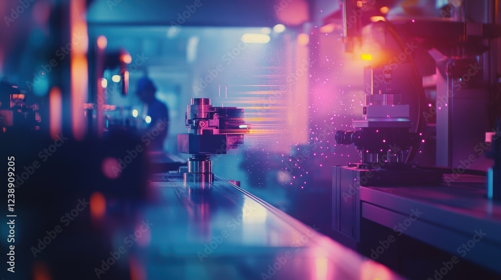 Poster robotic arms moving components along an automated production line in a futuristic factory, showcasin