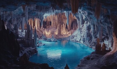 Enchanted Cave Pool: A subterranean wonderland of crystalline formations and tranquil turquoise waters.