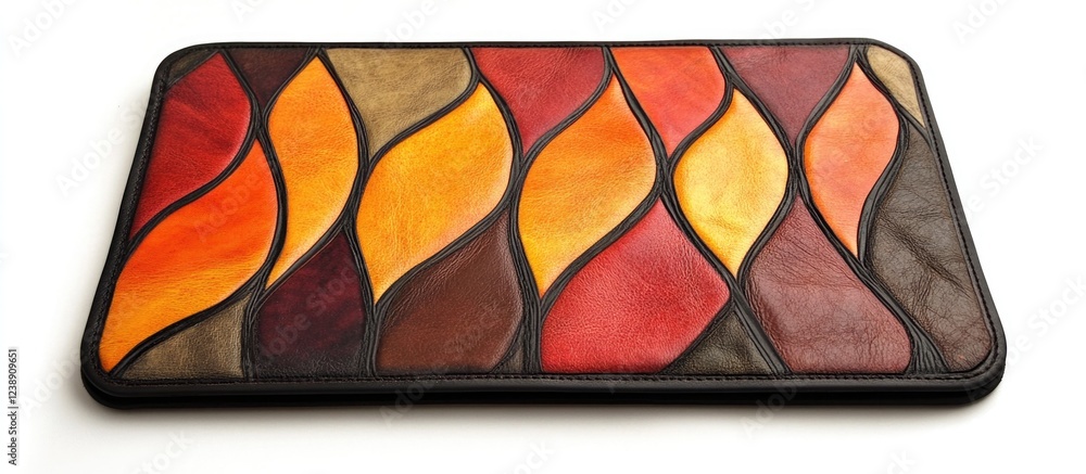 Poster rectangular mosaic-patterned floor mat with abstract colorful design in shades of orange, red, and b
