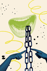 Poster image vertical photo collage of hands point index finger mouth smile teeth whitening chain...