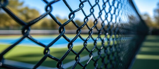 Naklejka premium Chain Link Fence Close-Up with Blurred Tennis Court Background and Blue Sky
