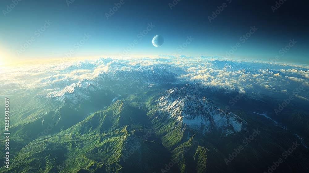 Wall mural panoramic view of snow capped mountains on a fantasy planet
