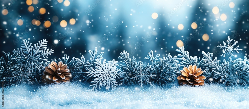 Poster winter background with pine cones and snowflakes in a snowy landscape with blurred bokeh lights and 