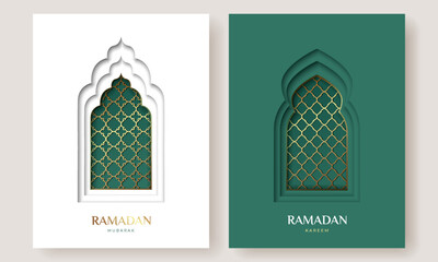 Oriental Islamic windows or arches set for Ramadan Kareem and Eid Mubarak. Design template with cut out paper effect for greeting banner, card, advertising, sale, web, poster