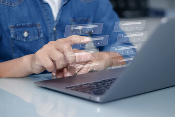 Man using finger to select the most correct answer for an online exam or test on laptop screen, concept of assessment with education test for distance learning students using internet technology