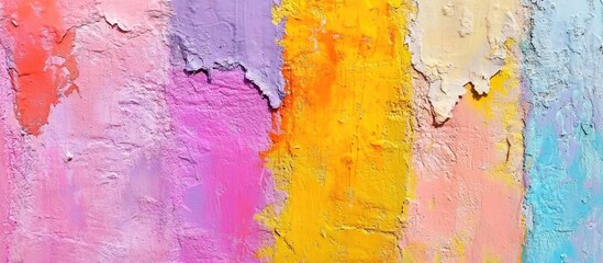 Obraz premium Abstract textured multicolored wall with vibrant pastel paint layers showing rough surface edges