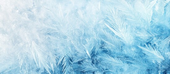 Obraz premium Close-up of intricate frost patterns on a window with blue tint and copy space