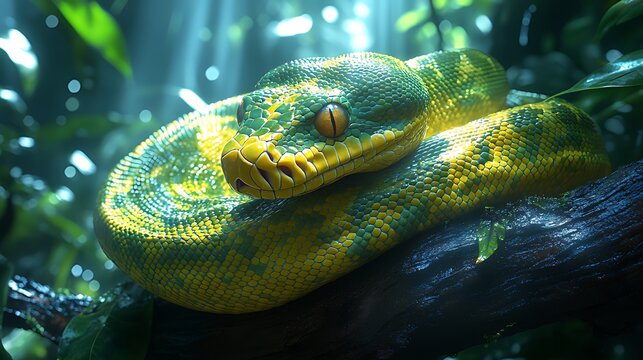 Green tree python coiled, rainforest, sunlight, nature, wildlife, reptile, poster