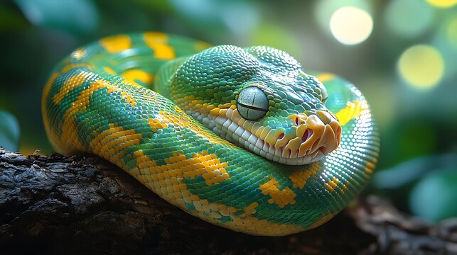 Green tree python sleeping rainforest branch bokeh