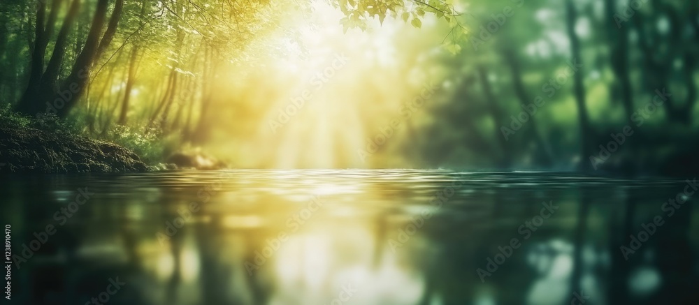 Poster sunlight filtering through forest trees with reflection on calm water surface