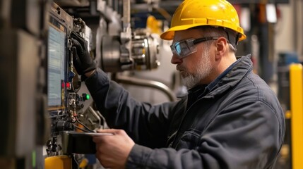 Industrial worker wearing safety glasses and helmet uses a digital interface to operate machinery, showcasing innovative production methods in a modern factory setting