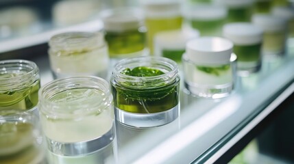 Assortment of cosmetic jars with green and white creams displayed on glass shelf