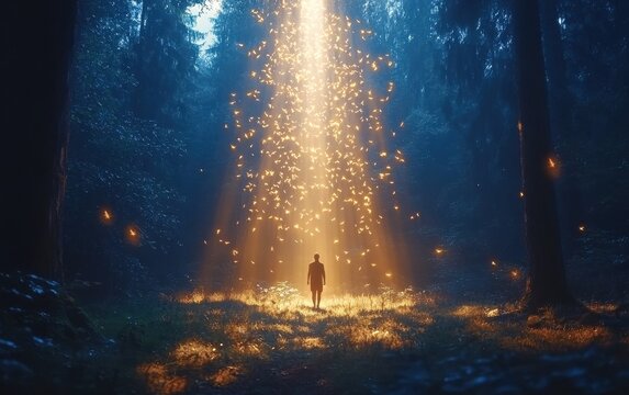 A person walking through a dense forest surrounded by swarms of mosquitoes, symbolizing the hidden dangers of nature. The dramatic lighting enhances the sense of unease 
