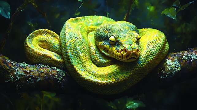 Green tree python sleeping rainforest branch foliage