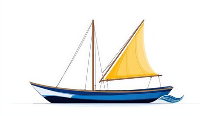 Fototapeta premium Colorful sailboat with a yellow sail drifting on calm blue waters in a serene setting