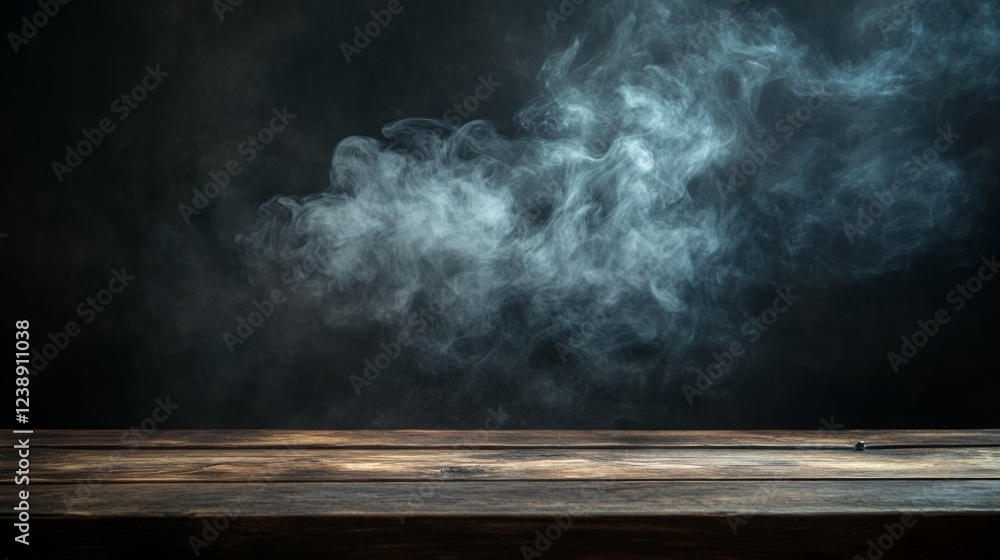 Poster a dark background features wisps of smoke rising above a wooden surface, creating a mysterious and a