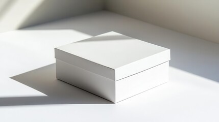 Obraz premium pristine white product box casting soft shadows on infinite white backdrop, studio lighting with subtle gradient reflections, minimalist commercial photography