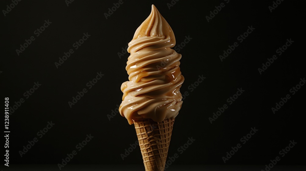 Poster close-up of soft serve ice cream cone on dark background with copy space