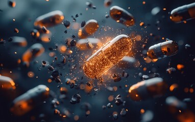 A representation of antibiotic resistance, showing a glowing shield symbol protecting bacteria...