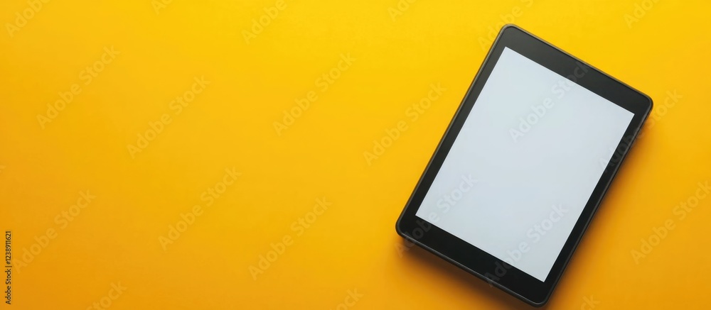 Poster digital tablet with blank screen on a vibrant yellow background with ample copy space.