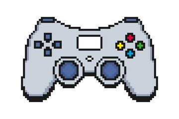 Pixel gamepad or joystick. Pixelated game controller icon with buttons and sticks. Pixel art video game joypad. Vector.
