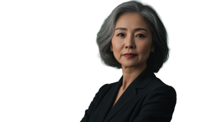 Confident senior businesswoman with folded arms on transparent background