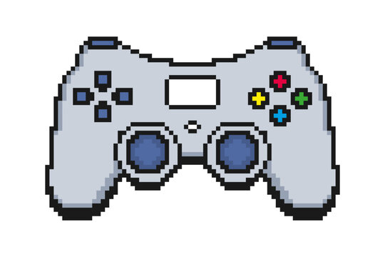 Pixel gamepad or joystick. Pixelated game controller icon with buttons and sticks. Pixel art video game joypad. Vector.