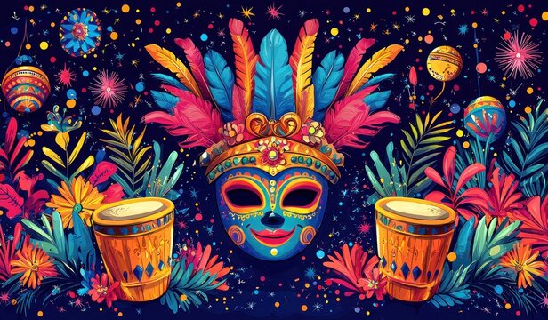 Colorful carnival pattern with festive masks, musical instruments, tropical flowers, and abstract decorative elements on a dark background Generative AI