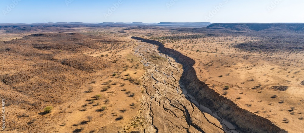 Poster aerial view of arid desert landscape with a deep tectonic fault line and sparse vegetation under cle