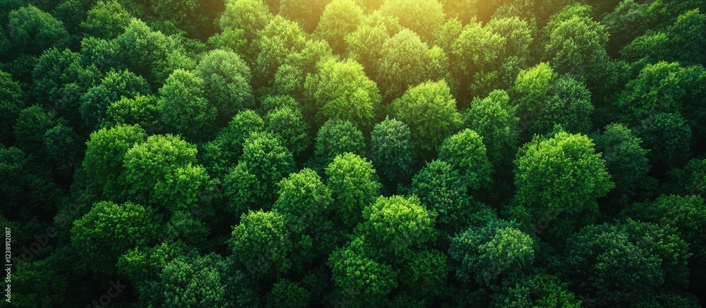 Poster aerial view of dense green forest canopy with sunlight filtering through trees