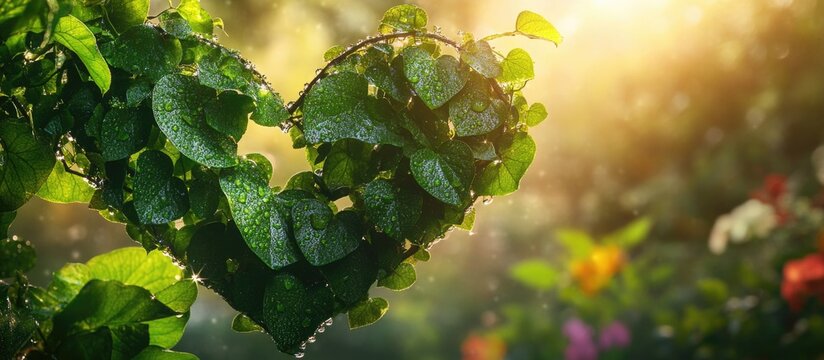 Heart-shaped ivy leaves with dew in sunlight, blurred floral background - Powered by Adobe