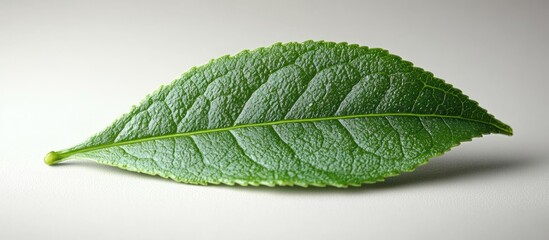 Fototapeta premium Green leaf with detailed texture on white background, side view, with ample copy space