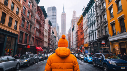 person in orange jacket and hat stands on busy street in New York City, facing Empire State Building, surrounded by colorful buildings and traffic