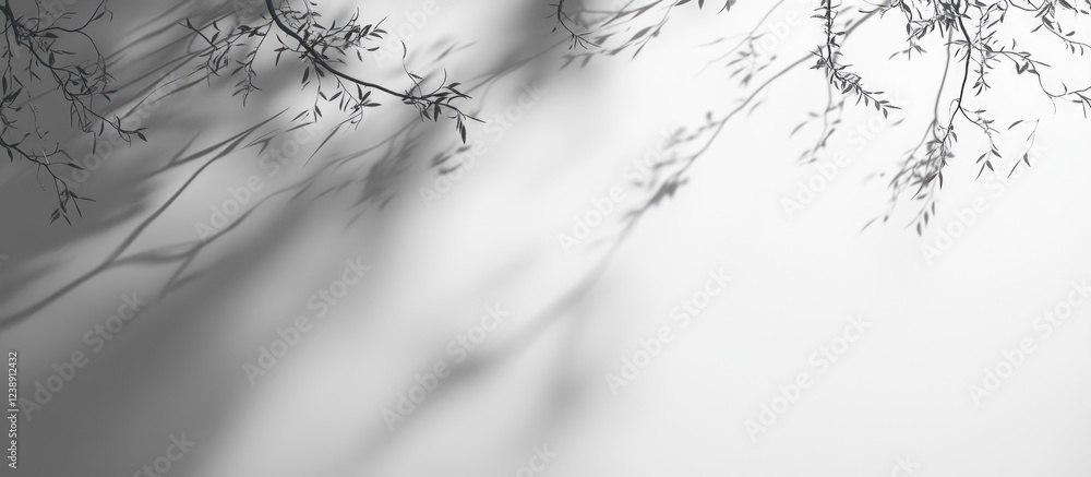 Poster branches and leaves shadows on neutral background with ample copy space