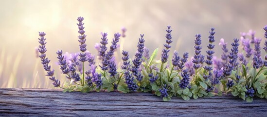 Obraz premium Lavender Flowers on Wooden Surface with Blurred Background and Copy Space