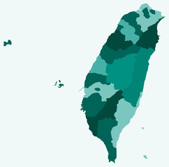 Map of Taiwan with regions. Just a simple country border map with region division. Teal color palette. Plain Taiwan shape with administrative division. Vector illustration.