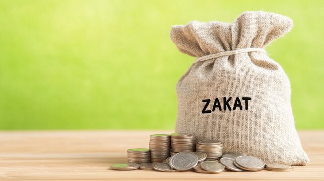 A burlap sack labeled "Zakat" sits next to a pile of coins, symbolizing charity and financial giving in Islam.