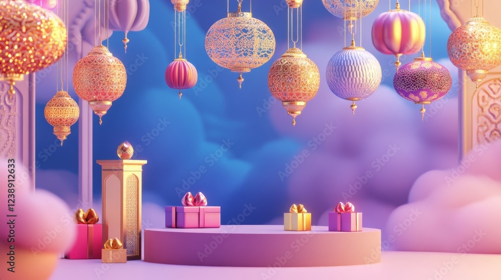 Poster a whimsical scene with colorful lanterns, gift boxes, and fluffy clouds, creating a festive and ench
