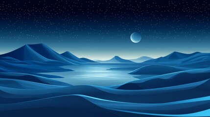 Pixel Art Night Landscape with Blue Mountains and Moon