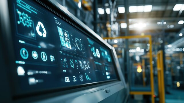 Modern touchscreen displaying various data and parameters, including a recycling symbol, suggesting an innovative and automated production process focused on sustainability within a factory setting