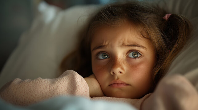 A young girl lies in a bed, looking stressed amidst a setting of gentle care and attention. - Powered by Adobe
