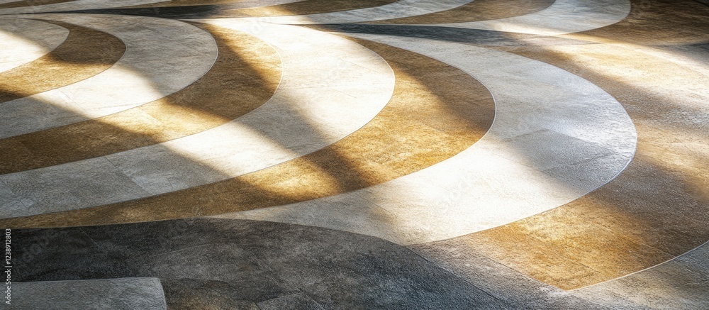 Poster abstract architectural pattern on a concrete floor with curved lines and natural light shadows