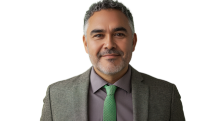 Smiling businessman with gray hair and green tie on transparent background