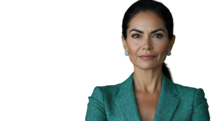 Confident businesswoman posing with folded arms on transparent background